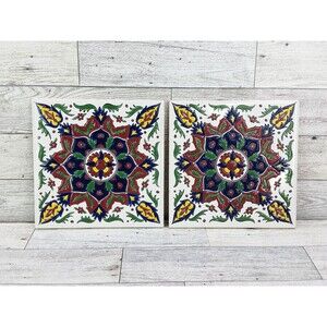 Set of 2 Nassos Keramik Ceramic Tile Decorative Trivet Hand Made In Greece
